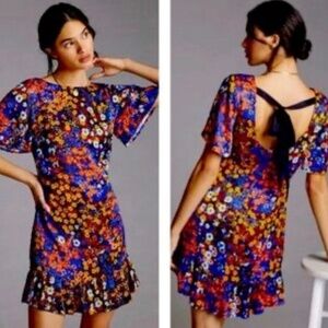 Anthropologie Women's Floral Ruffled Satin Mini Dress Size 2 Multicolor